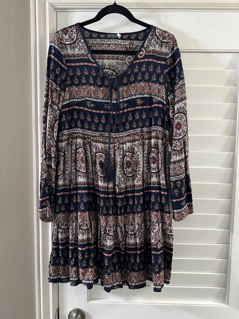 Boho Tiered V-Neck Dress in Navy and Cream